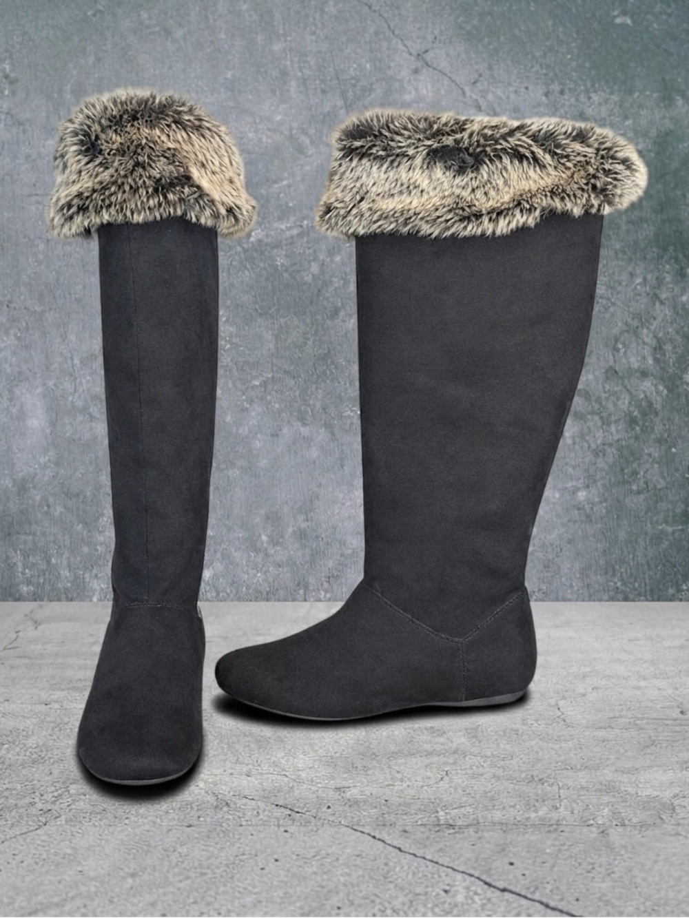 Vintage Report Melany Knee High Boots Black Faux Suede Fur Trim Convertible 10